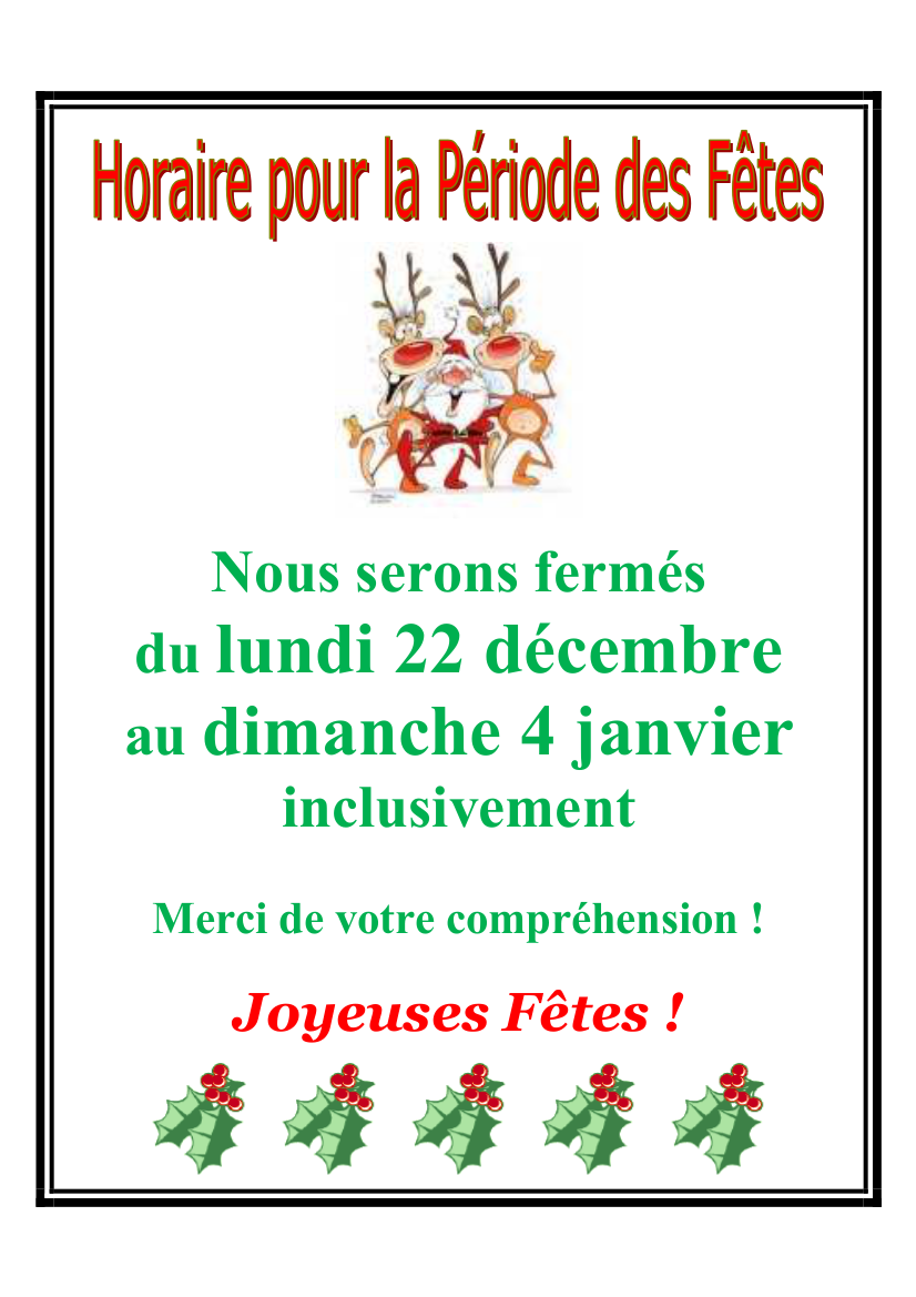 Horaire des fêtes Noël 2014